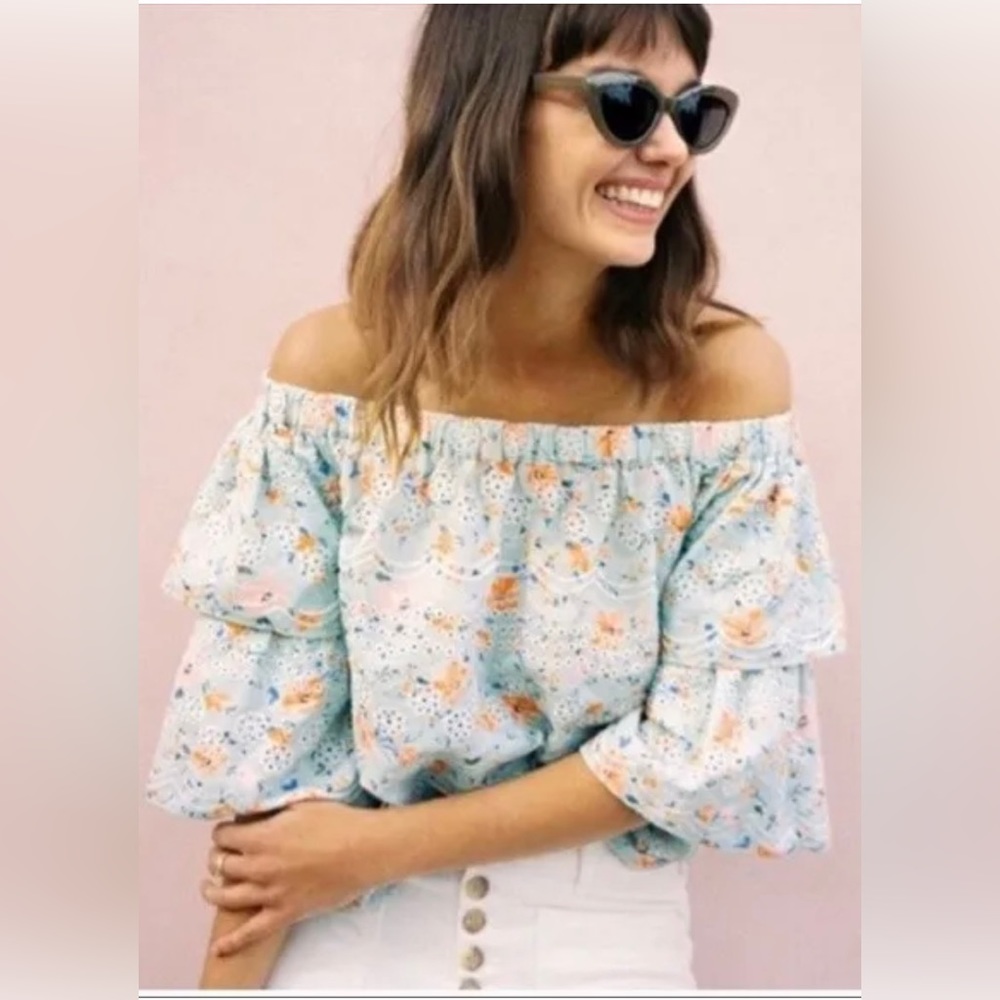 Anthropologie Off the Shoulder Embroidered Laia Floral Top w/ Eyelets-XS/S-EUC